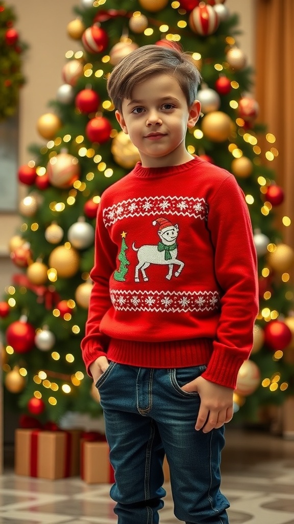 A boy in a red Christmas sweater with dark jeans, in front of a decorated Christmas tree.